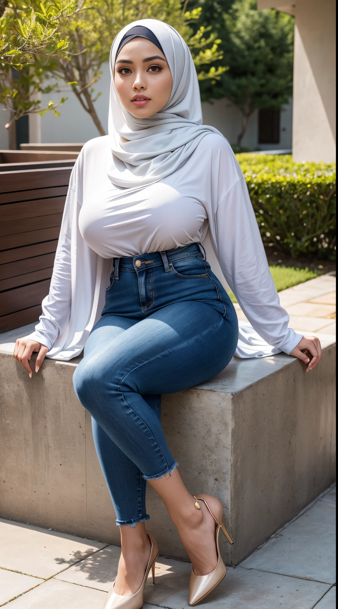 RAW, Best quality, high resolution, masterpiece: 1.3), beautiful Malay woman in hijab,Masterpiece, perfect body, (big breast), big gorgeous eyes, Soft smile,beautiful face, malay woman wearing hijab sitting in front of luxury house, casual pose, wearing, wearing big long dress casual clothes, tight casual jeans, round buttocks, thick thighs, tight leggings, casually dressed, full body photogenic shot, looking at the audience, smart casual, casually dressed