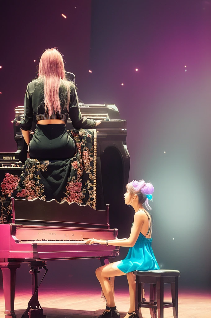 Singer sitting behind a piano on stage looking out into space pink blue purple