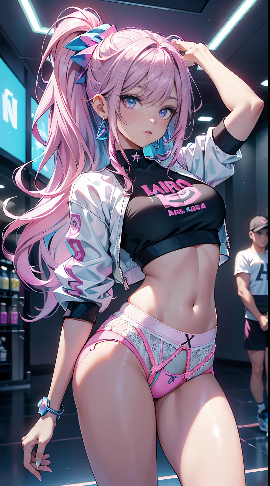 Chica madura, idol girl, Super beautiful Asian girl with very beautiful violet bright eyes, beautiful multicolored shiny brown hair, Cola de caballo alta, Cuerpo agradable y sexy, cuerpo delgado, cuerpo perfecto, Un anime impreso super apretado fuera de los hombros manga larga crop top, A super aesthetic transparent mini jacket, hermoso adorno para el cabello, Tenis Pink Jordan, Ser fotografiado en una tienda de un centro comercial,( Desnudarse, Showing off neon pink panties, mostrando tanga: 1.5),More detailed 8K.motor irreal:1.4,UHD,La mejor calidad:1.4, fotorrealista:1.4, textura de la piel:1.4, obra maestra:1.8,obra-prima, mejor calidad,objeto Objeto], (detailed face features:1.3),(dentro de un gimnasio azul:1.4),(cabello rosado largo:1.4),（Beautiful and detailed eye description）,(manos detailed:1.4), (white ropa deportiva:1.4), Ultra-detallado,convexo，(Dedos de camello:1.2)，(ojos hermosos azules)