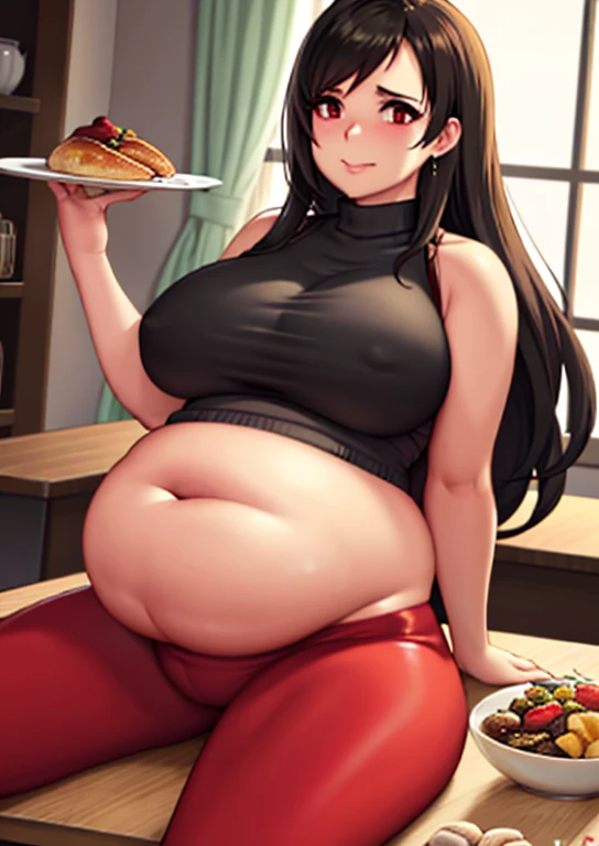 big belly, sitting, pregnant, fat, large stomach, fatty, fat, large belly, standing, fat belly, very fat, large stomach, chubby,very fat, safe for work, obese, giant belly, fat, tifa Lockhart, fat belly, at, large belly, standing, grabbing belly, very fat, large stomach, chubby (best quality, masterpiece), thanksgiving, wearing sweater, grabbing belly, sitting down, table with of food, table tons of food, lots of food, holding belly, table with food