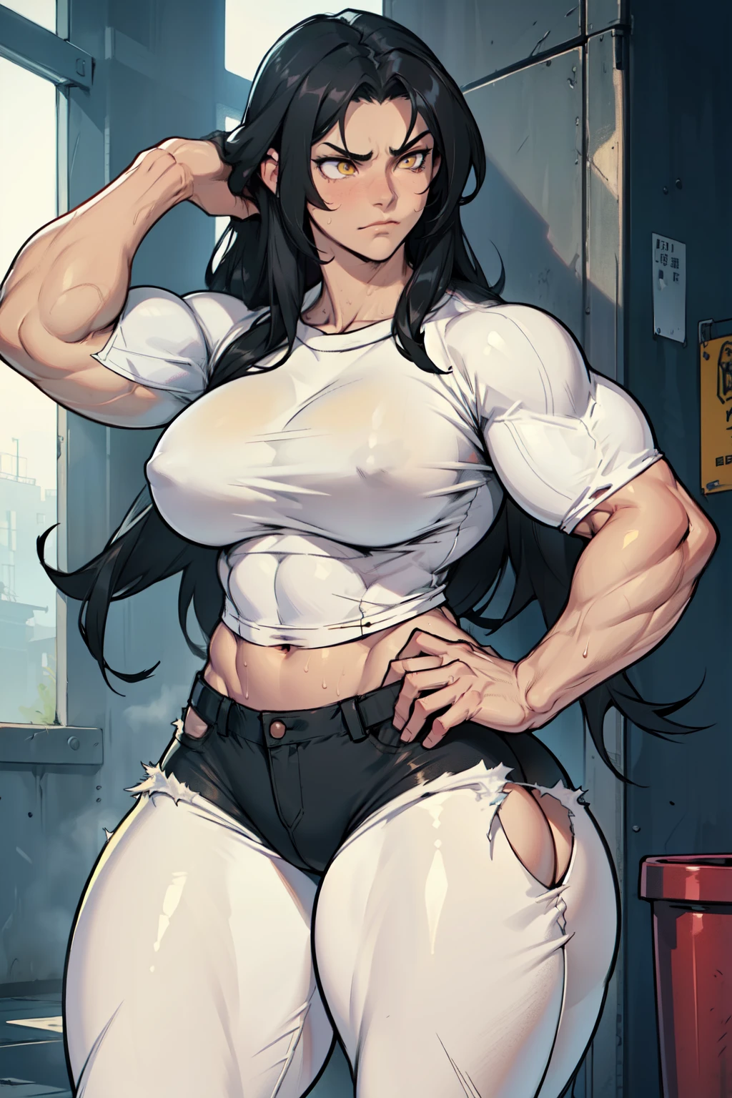 (((((muscular))))), (((thick thighs, breasts toned body, 1 girl))), black hair, pale skin, yellow eyes, frown, very long hair, ((waistup)) tight shirt tight pants sweaty