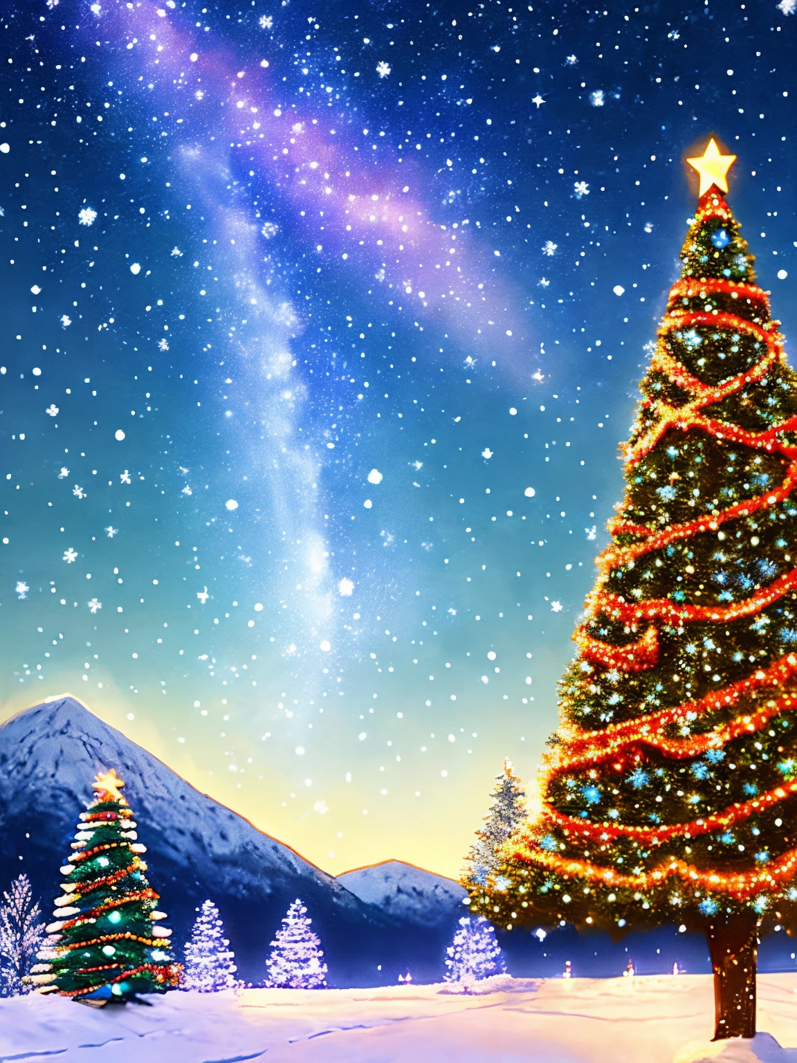 giant Christmas tree, in a snowy valley with large and majestic mountains around, clear and starry sky, the magic of Christmas