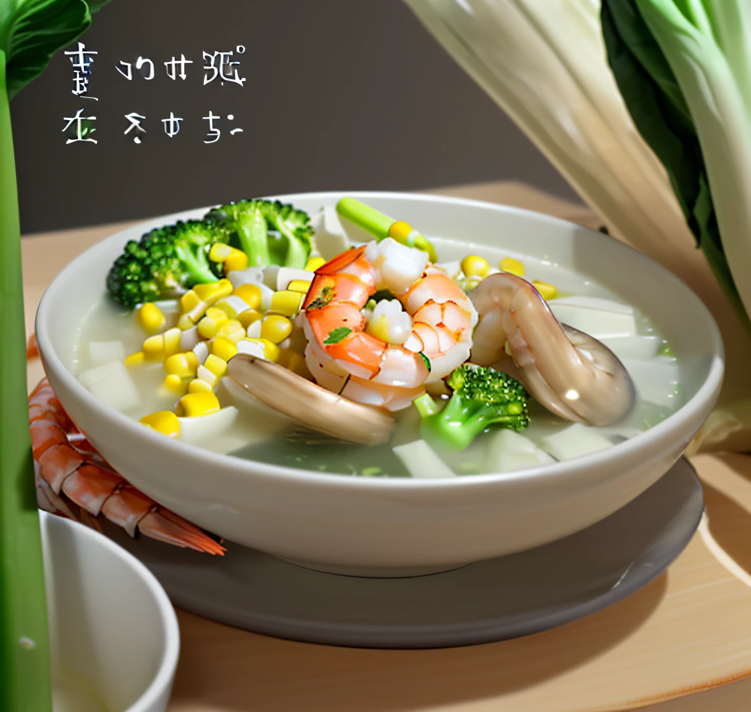 (White soup), white plate, broccoli, Cogumelos, nachos, shrimps, Chinese cabbage, Simple and fresh background, High-quality light and shadow, high-definition picture quality, 4k高清, rich details