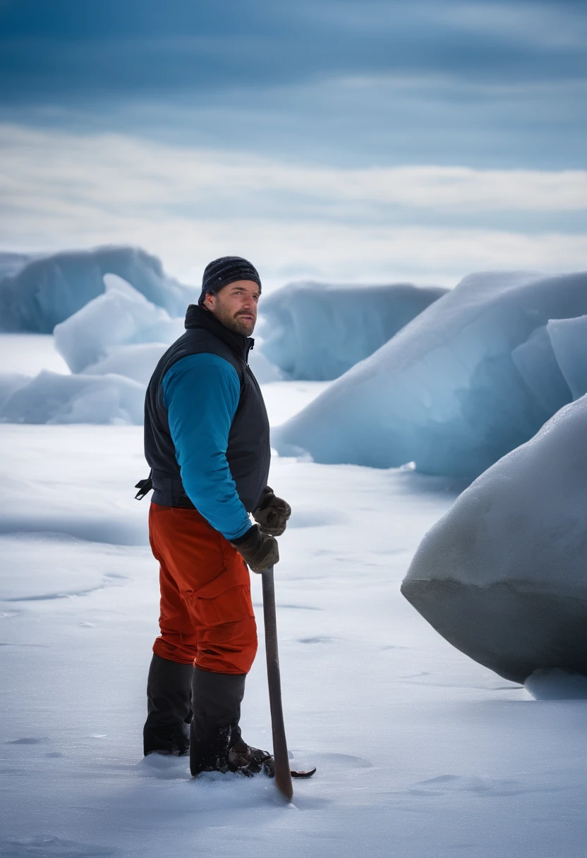 A handsome and strong man works in the ice and snow