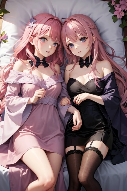 A pink haired queen with violet eyes is holding a pair of pink haired twins