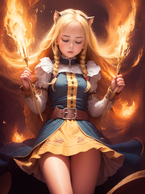 1girl, solo, full body, (masterpiece:1.21), (best quality:1.2), colorful, (illustration:1.2), (cinematic lighting:1.1), short peasant medieval dress, floating dress, magic lights, levitating, genitalia visible, no panties, blonde hair with braids, floating hair, magical lights in her hands, closed eyes, focus expression