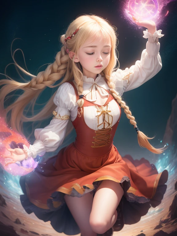 1girl, solo, full body, (masterpiece:1.21), (best quality:1.2), colorful, (illustration:1.2), (cinematic lighting:1.1), short peasant medieval dress, floating dress, magic lights, levitating, genitalia visible, no panties, blonde hair with braids, floating hair, magical lights in her hands, closed eyes, focus expression