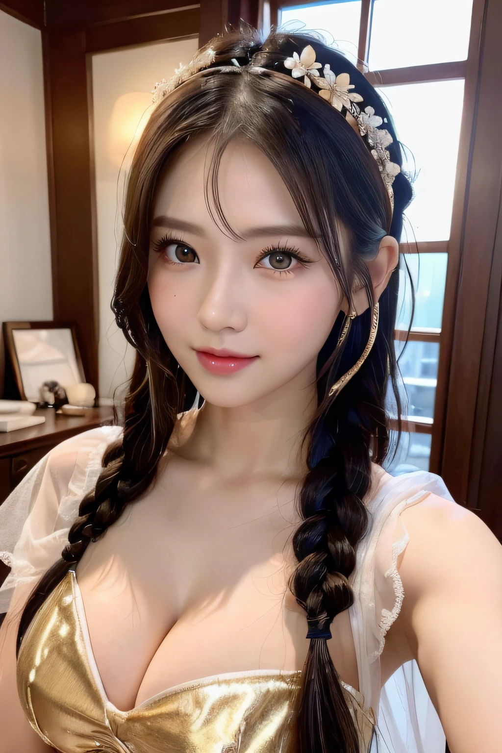 (Grimm fairy tale world),(schneewigchen,Princess Snow White:1.3),(who is the most beautiful in the world? A magic mirror in which Snow White is reflected in a question...:1.3))),(((Girl in the mirror;1.3))),(((Luxurious gold frame mirror:1,7))),Snow-white skin, cheeks and lips red like blood,Eyes as black as the wood of an ebony window frame.(Make the subject look three-dimensional with the contrast of light and shadow),Cute and beautiful girl,Cute round face,Cute smile,with blush cheeks,Red Lip,(silver white hair,Floral braided headband,half up、Floral Braided Space Van,Voluminous Fishtail Braids,Twisted chignon,),(Bangs are see-through bangs),hair pin,hair adornments,detailed clothes features,Detailed hair features,detailed facial features,(Dynamic angles),(Dynamic and sexy poses),profetional lighting,Cinematic Light,(masutepiece,top-quality,Ultra-high resolution output image, depth of fields,) ,(The 8k quality,depth of fields,Anatomically accurate facial structure,),(Sea Art 2 Mode:1.3),(Image Mode Ultra HD,)
