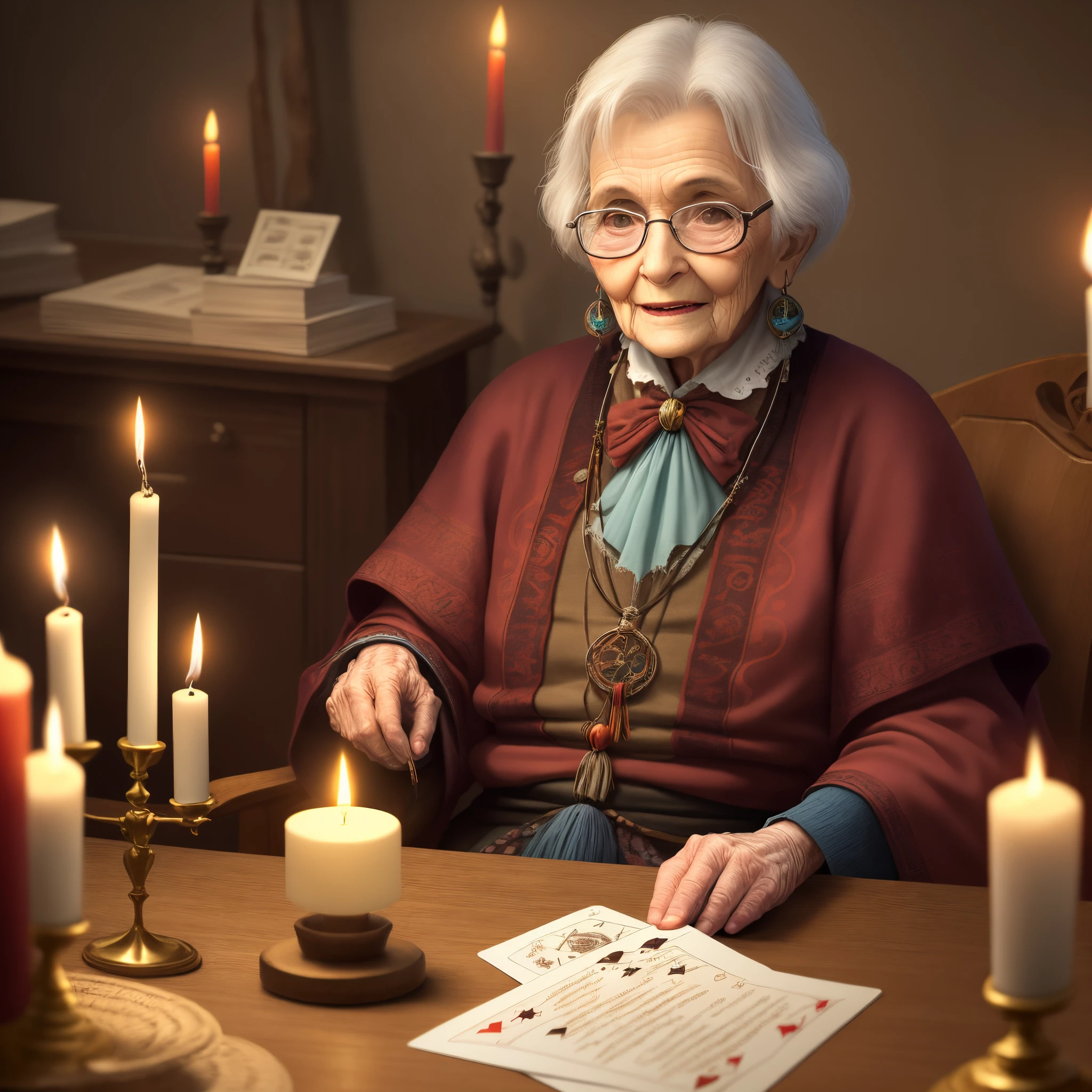 an old lady, cartomante, aparencia mistica, make predictions about the future, shaman with a table with cards and a candle