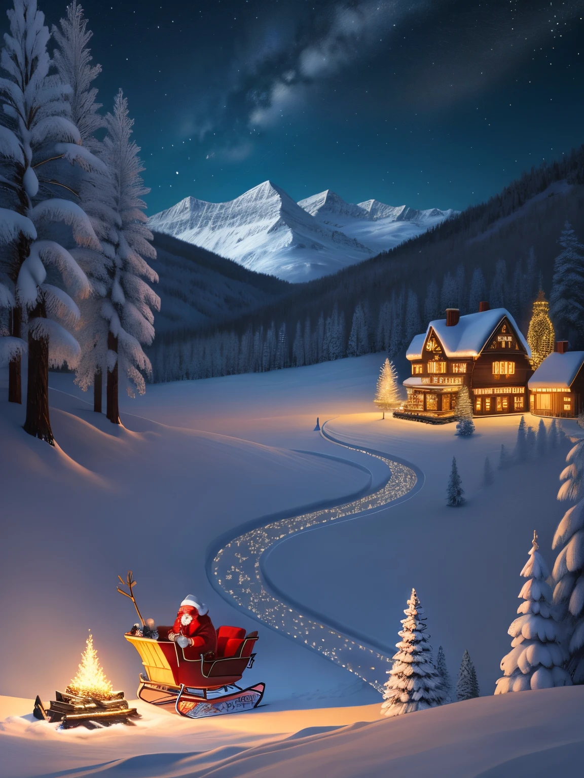 giant Christmas tree, snowy valley, large majestic mountains, clear starry sky, magic of Christmas, magical snowflakes, sparkling lights, cozy festive atmosphere, joyful celebration, warm and inviting, peaceful tranquility, enchanting winter wonderland, crisp winter air, children's laughter, beautiful decorations, shimmering ornaments, festive music, festive spirit, holiday cheer, glowing fireplace, gift exchange, delicious treats, Santa Claus, reindeer, sleigh ride, twinkling fairy lights, snow-covered landscape, joyful anticipation, family gathering, love and togetherness, heartwarming moments, holiday traditions, spreading happiness, magical surprises, hearty laughter, festive attire, twinkle in the eyes, innocent wonder, joyful memories, sledding down the snowy hills, sleigh bells, snow angels, hot cocoa, roasting marshmallows, building snowmen. (best quality, highres), (ultra-detailed), (realistic:1.37), (vivid colors), (bokeh), (festive lighting), (magical atmosphere), (holiday-themed).