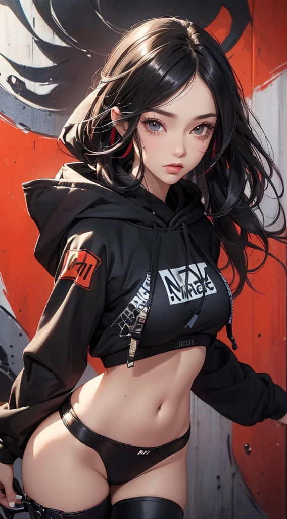 (a very beautiful woman, Street fashion, wearing hoodies, Wearing hot pants), (extra detailed face, Highly detailed black eyes, Contrasting eyes, extra detailed body), (A dark-haired, length hair, de pele branca, eye reflections, Exposed belly), (Colorful wall:1.2), (high-angle:1.2), hyper realisitic, digitial painting, ((8k wallpaper of extremely detailed CG unit, nffsw, masterpiece, hight resolution, top-quality, Anatomically accurate, high détails, Top quality real texture skins)),
