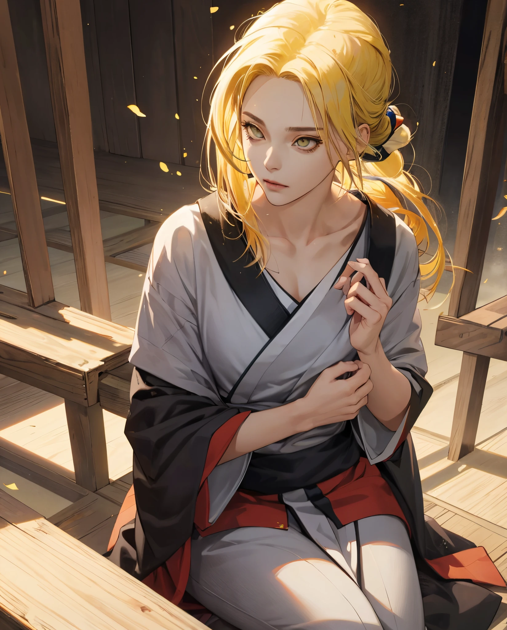 Real life adaptation of the character,Her name is anime《Naruto》Tsunade Senju in ,hyper realisitc ,Very realistic and detailed yellow hair, A high resolution, realisticlying,The is very detailed,Very realistic clothing, japonese face,Detailed shining eyes, calm expression,hentail realism，Large chest