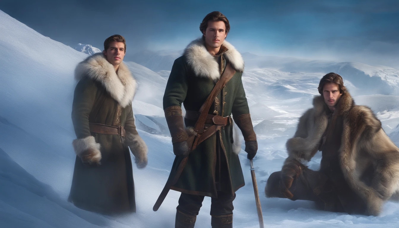 A young, handsome and strong man works in the ice and snow