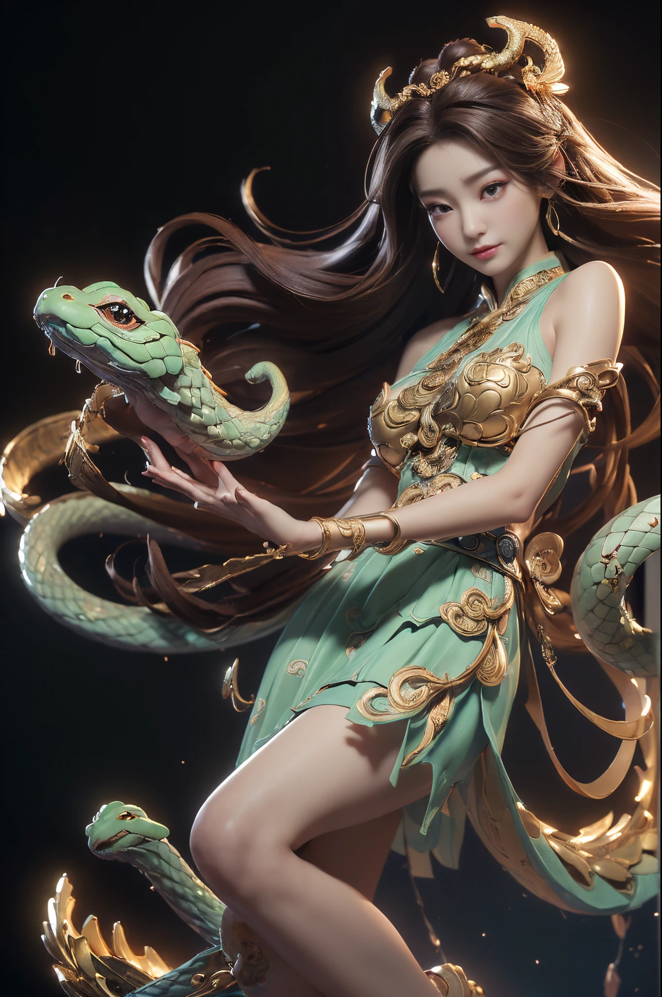 ((Sculpture design)),((full body portrait of person)),((undying)),((tmasterpiece)),(entire body image:1.6,fully body photo:1.6,From the feet to the top of the head:1.6),【Create a LOGO based on:1female,Nu wa(Creation goddess in Chinese mythology,Human snake tail goddess:1.6),(Use snake tail instead of legs:1.6),(Chinese mythology),(45 yers old,A MILF,熟妇,mature,gentleness,wisdom,Goddess wind),(Brown hair long:1.4),big earrings,long skirt,Dunhuang skirt,((Fluttering skirts)),((intricate headpiece)),((symbol of god)),】,((dynamicposes)),(Computer graphic arts:1.4), (s fractal art: 1.3),(( Best quality,32K,Highest resolution,hyper HD,)), (( Professional Quality,Perfect photography, Ray traching, perfect volumetric lighting, High quality octane rendering, High quality vectors)), ((Complicated details,hyper-detailing:1.2,Complicated details:1.2)), ((ultra real photo,フォトリアリスティック,3 Rendering)),(Epic work:1.4,ultra-realistic realism:1.6),(Blind box toy style:1.6),((simple backgound,Deep dark background:1.2,with black background)),Detailed faces, 詳細な目,Clean the skin,(correct hand:1.6),(Complete and beautiful five fingers:1.6),(Anatomically correct head-to-body proportions:1.5),(Anatomically correct perspective and occlusion:1.5),(Correct anatomy:1.5),(Add a base:1.6),(Complex platform:1.6),(2-layer base:1.6),((rock base:1.4)),(The role is centered:1.4),((at the middle of the frame)),