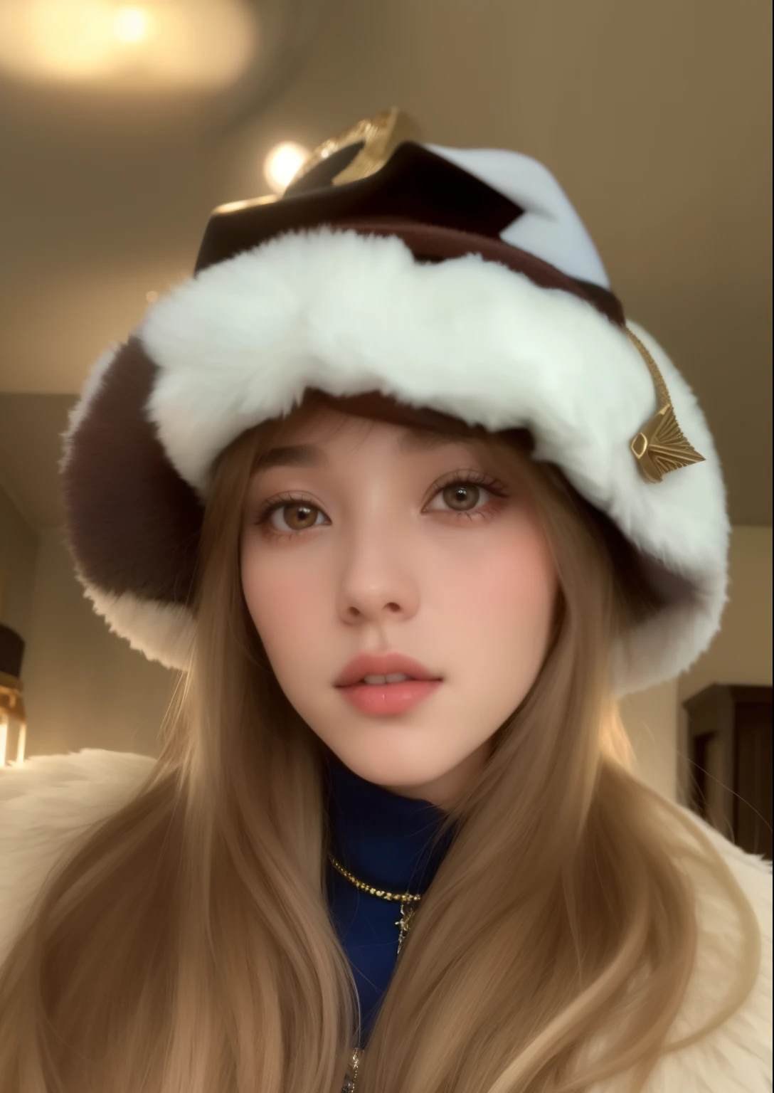 Mujer araffe con pelo largo con un sombrero peludo y una chaqueta., sydney sweeney, Ella lleva un sombrero, Usando un pescador 🧥, with a weird hat, Al estilo de Petra Collins, Fregadero Sadie, flequillo de cortina, con un lindo sombrero, con una gargantilla y un lindo sombrero, sin maquillaje, flequillo esponjoso, Julia Hetta, Julia Sarda