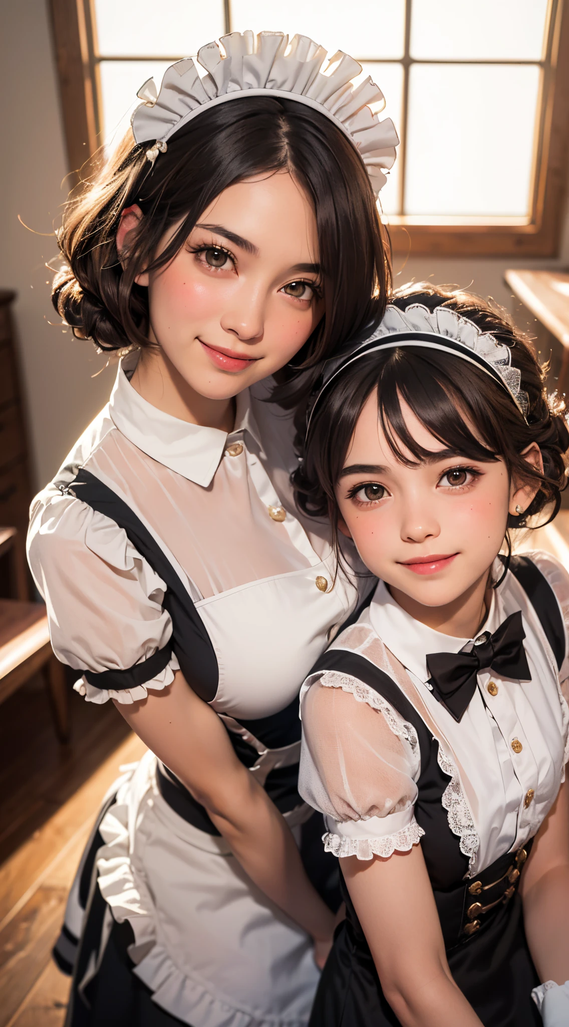(UHD, retina, masterpiece, ccurate, anatomically correct, textured skin, super detail, high details, high quality, best quality, highres, 1080P, HD, 4K, 8k, 16k), (beautiful detailed eyes, beautiful detailed lips, extremely detailed eyes and face), studio lighting, physically-based rendering, vivid colors, (maid headdress, maid uniform:1.5), (portrait, shiny hair, shiny skin), (bokeh), (tilt your head to the side:1.5), eye reflection, (blush:1.5), (mother and daughter, smile:1.5),