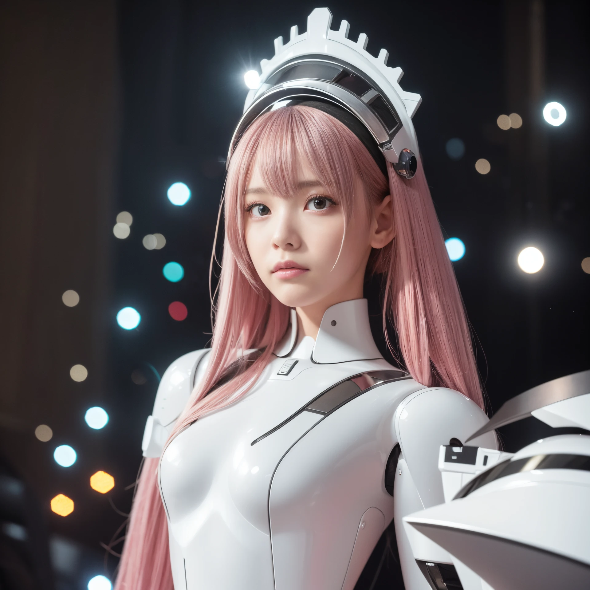 Robot Girl, pink there, Silver, Metallic body, Robot Parts, Metal Parts, Super Detailed Face, Super well-formed face, of the highest quality, a small face, a small head, Brown hair, Slender body, Camera gaze, Internal Mechanical Exposure, Idol, front facing, Well-proportioned body, sale, Exhibited, Event Hall, Moe Pose, White Maid Dress Machine Armor, Standing with legs open, Model body type, sad, Embarrassing,(Perfect Robot Girl),(Perfect machine body)