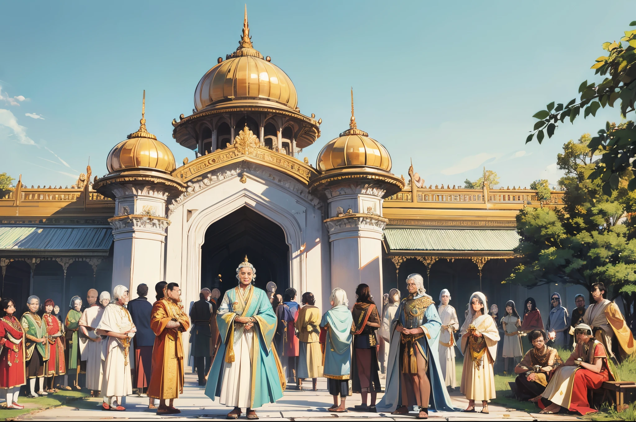 Imagine a grand palace, where the Prince, Rajpuri Alo, stands in regal attire. The opulence of his surroundings contrasts with the indifferent expressions of the people in the kingdom. --auto --s2