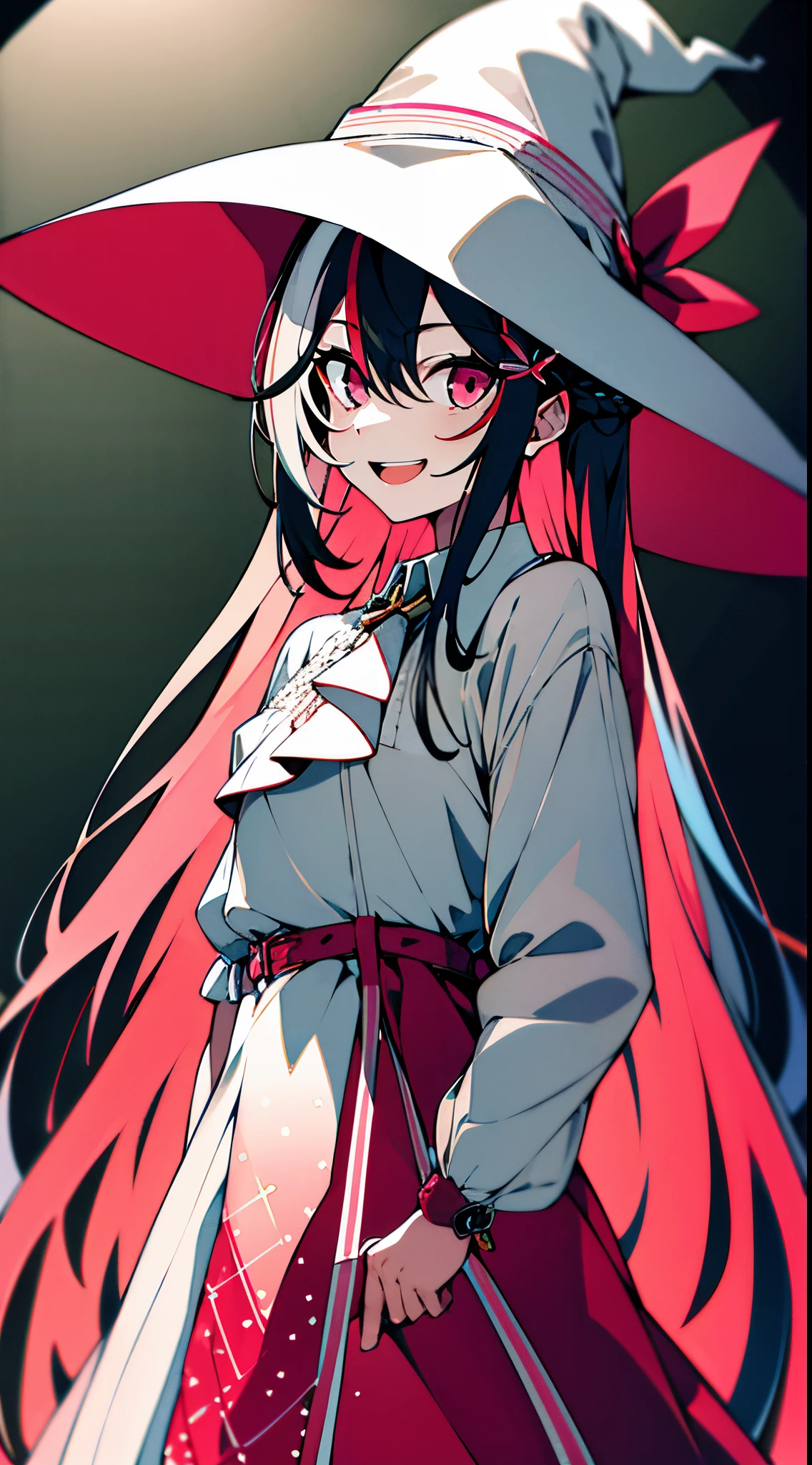 Masterpiece, best quality, highres, 1 girl, solo, colorful hair, pink hair, blood red eyes, silver hair, dress, colored inner hair, hair between eyes, white dress, two-tone hair, jewelry, long sleeves, x hair ornaments, bangs, bracelets, very long hair, striped hair, hairpins, standing, cowboy shot, smile, walk, arms behind back, open mouth, wearing witch hat, long sleeved raw, vampire teeth