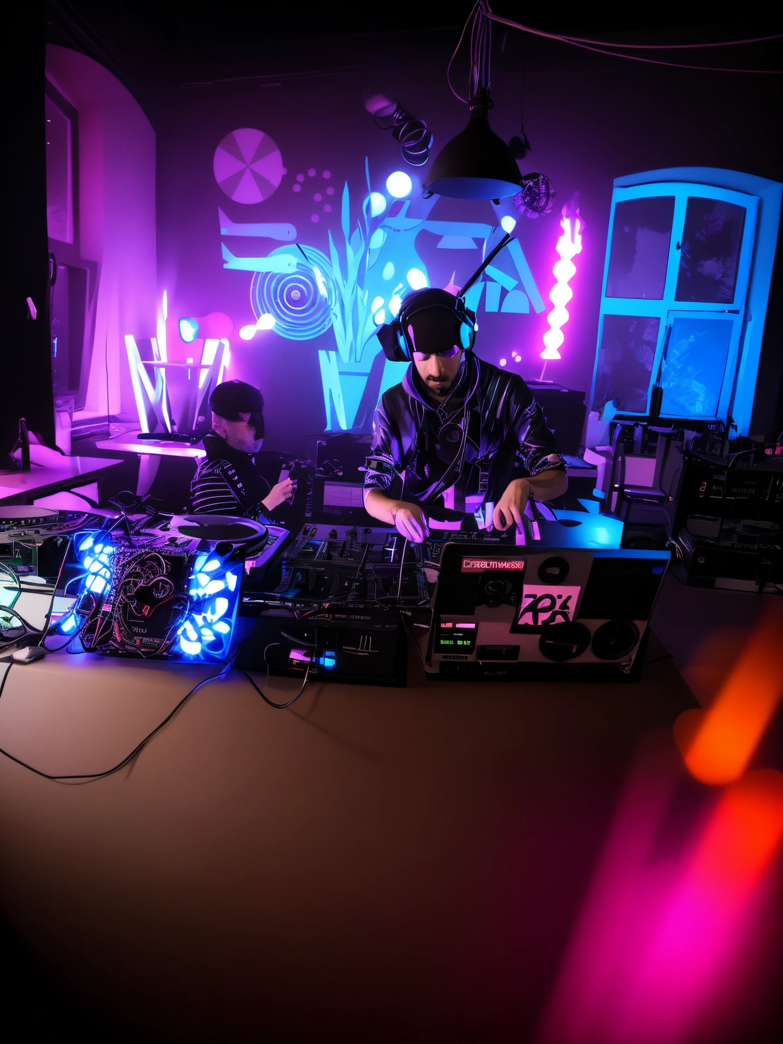 Da sitzt ein Mann mit DJ-Equipment an einem Tisch, DJ-Set, DJ-Rave-Party, DJ, DJING mit DJ-Plattenspielern, DJ auf einer Party, Wunderbare Techno-Party, Turntablism DJ Scratching, Techno-Party, Musik, die abgespielt wird, artist unknown, DJ Sura, Wunderbare Techno-Party, Industrie-Party, Cyber-Punk-Setting, Techno-House-Musik spielen