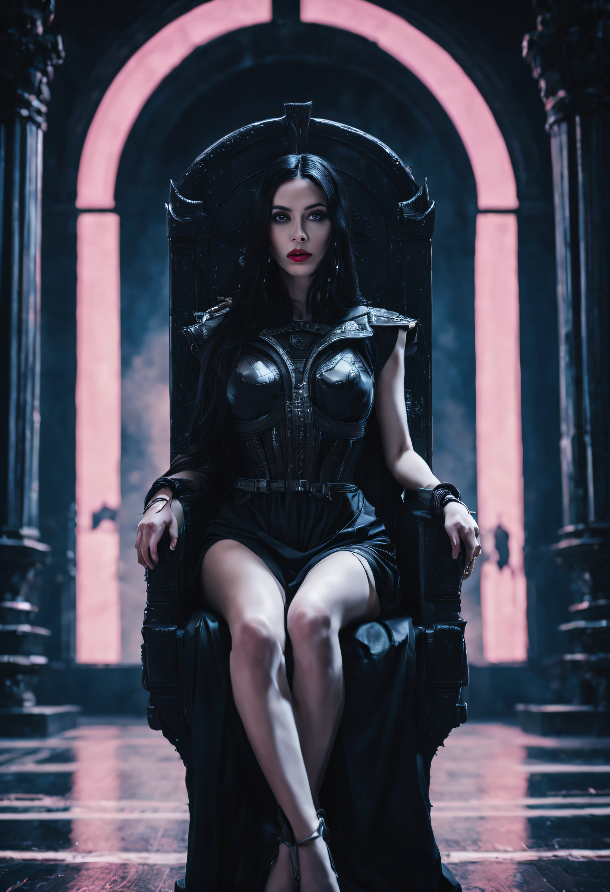 "(La mejor calidad,4k,Altas Resoluciones,Obra maestra:1.2),retrato,hermosos ojos detallados,hermosos labios detallados,mujer de piel blanca,Cabello largo y negro,sentado en un trono ?????,Neon lights,Diosa de la Muerte,Castillo Cyberpunk,scythe hanging behind the throne"