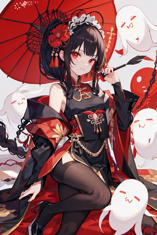 ((tmasterpiece:1.4,Best quality))++,(hyper-detailing)+,(Best quality,hyper-detailing,vibrant with colors,rich colourful,dynamic angle,hight contrast:1.2),girl,Height about 158cm,Blood-red eyes,black long straight hair,No braids,Qi bangs,Wearing a Hibiscus flower as a headdress on the left side of the head,There is a red tassel hanging under the Bana flower,Wearing a skirt with flower elements,flatchest,One hand holds a sword ,smiling expression,adolable,Chinese ghost elements,There are several transparent white cute ghosts in the back,There are also Chinese charms affixed to some parts of the body.,Black shoes,delicated face,exquisite facial features,(from below:0.5),Fashionab, with dynamism, garments, posing on a, frontage, rich colourful, dyna, Background with, element in, self-assured, Expressing the, statement, fittings, A majestic, coil, Runt, Scenes, Cover of a, boldness, attention-grabbing,Fashionab, typeface, Catchy, attention-grabbing, modern day, Fashionab, focal, Fashionab, cute female child