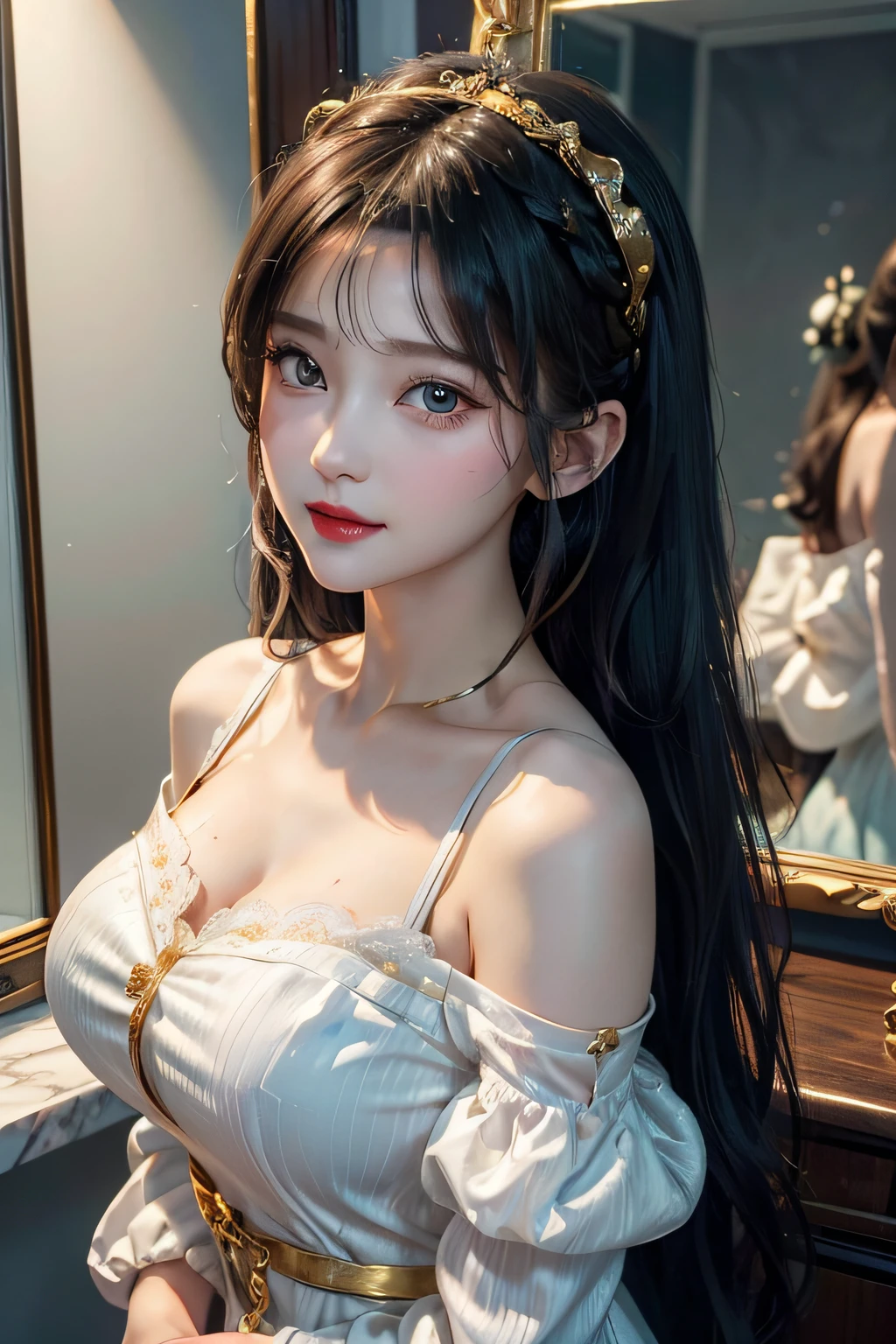 1girl, solo, jewelry, necklace, viewing viewer, long hair, Twin Tails, realisitc, hair bangs，, Hair Ornament, s lips, Collarbone，, closed Mouth, brown  hair, （Streamer hair accessories：1.4）, （Black lace lingerie：1.4）, gigantic tits, Breasts Ahh, upper  body, Sorrisos,