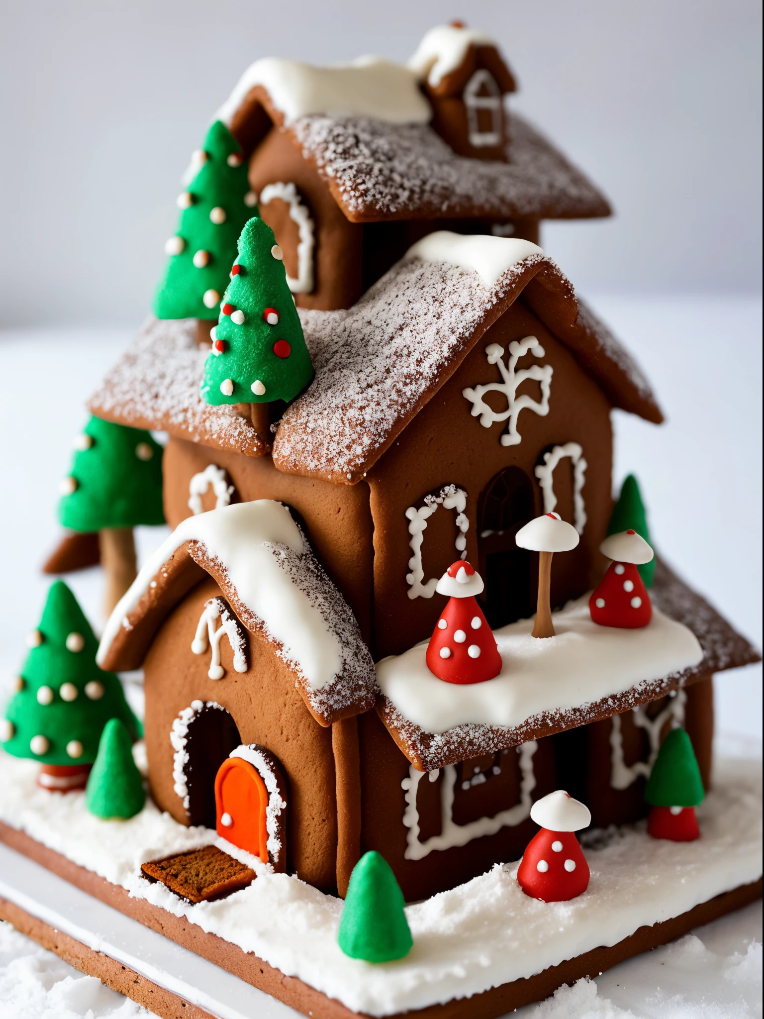A snowy mushroom forest gingerbread house