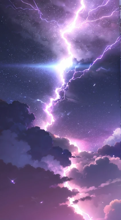 The sky is covered with purple lightning