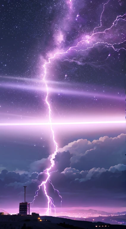 The sky is covered with purple lightning