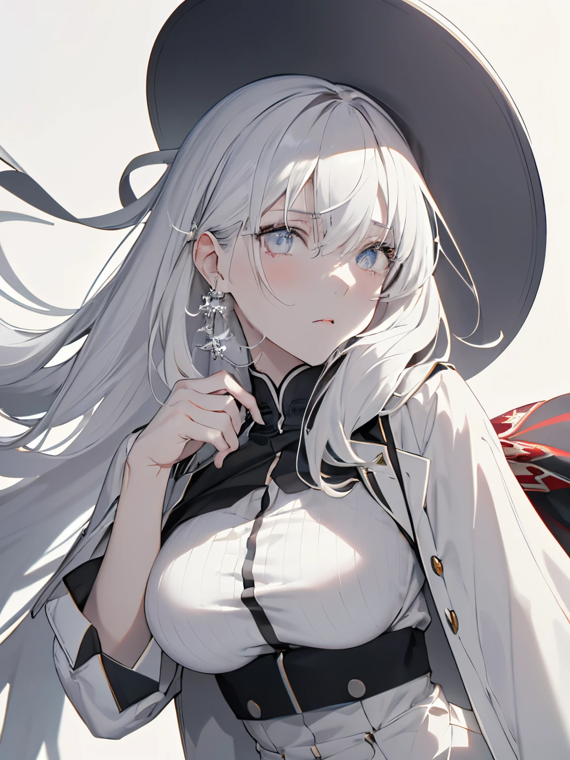 【Highest Quality, masutepiece】 [girl, expressioness, pale gray eyes, front facing, pale gray hair, Upper body] (Gray white background:1.7), 1girl in, Full body, White one-piece military uniform, Pale white head of hair,(masutepiece:1.2, Best Quality), (finely detailed beautiful eye: 1.2), (beautifull detailed face), High contrast, (Best Illumination, extremely delicate and beautiful), ((Cinematic Light)), Hyper Detail, Dramatic light, Shining eyes, long hair flowing with the wind, large full breasts、Belt under boobs、White military uniform, White skirt,
