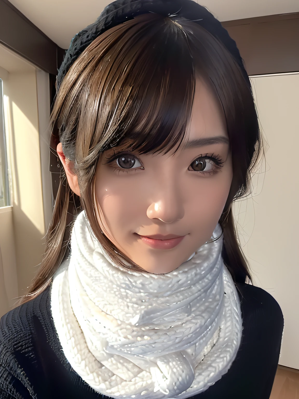 1 japanese girl,(Black sweater:1.4),(She wears a knitted snood around her neck to hide her chin......:1.5), (Raw photo, Best Quality), (Realistic, Photorealsitic:1.4), masutepiece, extremely delicate and beautiful, Extremely detailed, 8k wallpaper, amazing, finely detail, extremely detailed CG Unity, hight resolution, Soft light, Beautiful detailed 19 year old, extremely detailed eye and face, beautiful detailed nose, Beautiful detailed eyes,Cinematic lighting,city light at night,Perfect Anatomy,Slender body,Smiling  (hair messy, asymmetrical bangs, light brown hair,)