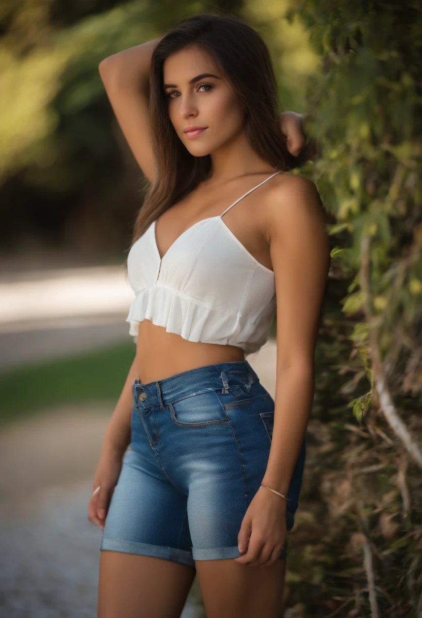 (masutepiece, Best Quality), ultra-detailliert, Photorealsitic, Beautiful woman with dark hair with highlights, braided hair, Dressed in a detailed cowgirl, ((denim jackets)), Denim tight skirt, ((Wet Light White Open Shirt)), ((Wet Sheer White Tank Top)), cowgirl boots, a necklace, Wavy Hair, Perfect face, Beautiful face, enticing, big gorgeous eyes, a wet body, seducting smile, Glamorous body, small ass, (plein air), Rural town, Pasture, Bright colors, Poses to seduce, Gravure Pose, suggestive pose