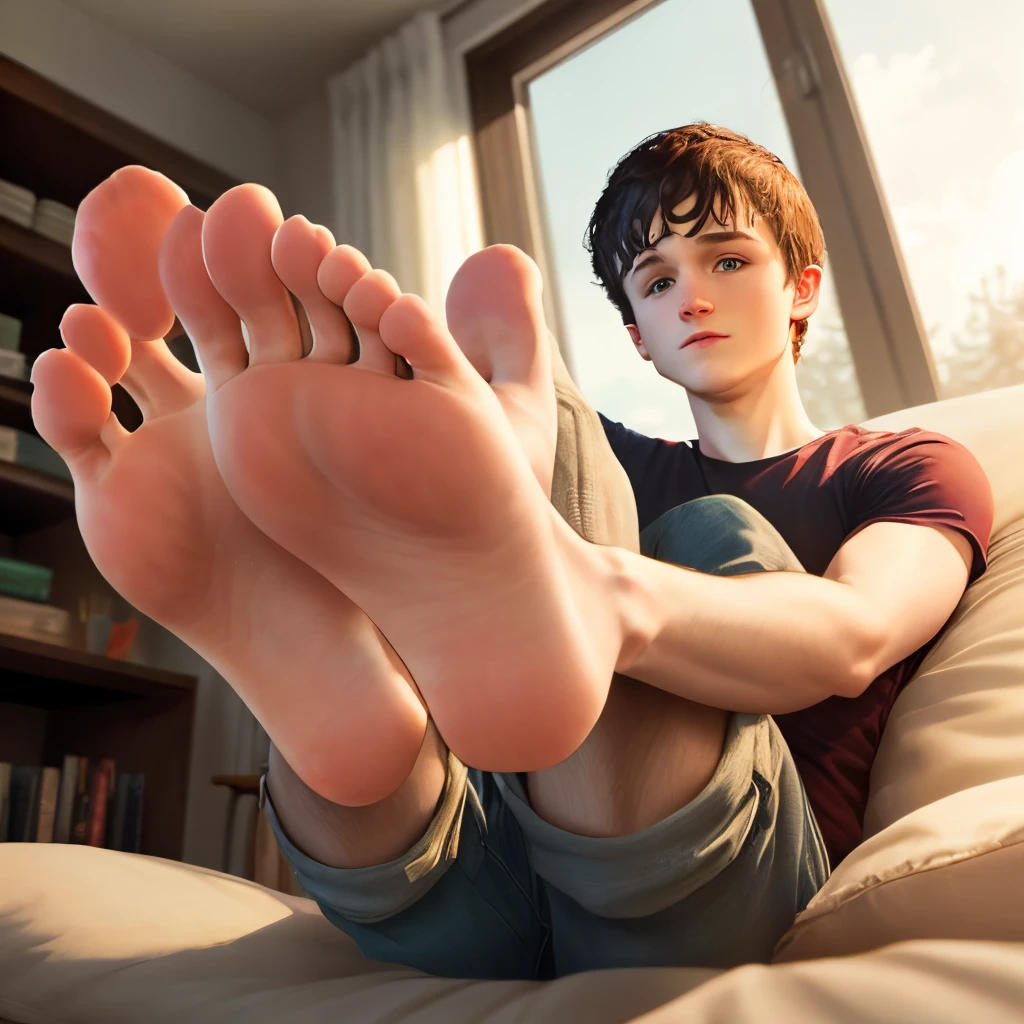 Young man, asian, black hair, straight hair, sweater, from below, low angle, footstomp, barefoot, feet, foot focus, soles, toes, foreshortening, view from below, (incase:0.35), five toes