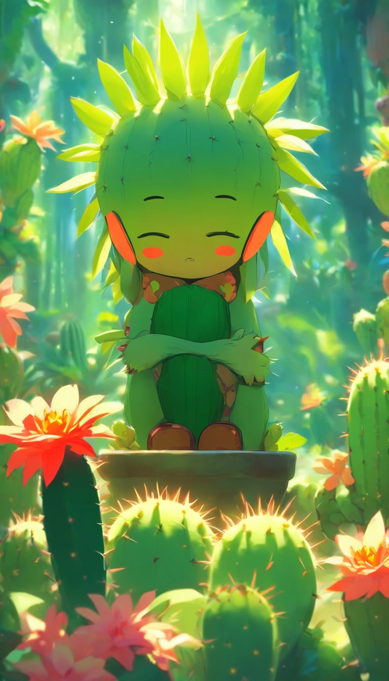 (masterpiece, best quality), anthropomorphic cactus girl, beautiful, resting on a flower pot, roaming the magical rainforest, lush vegetations, natural lighting