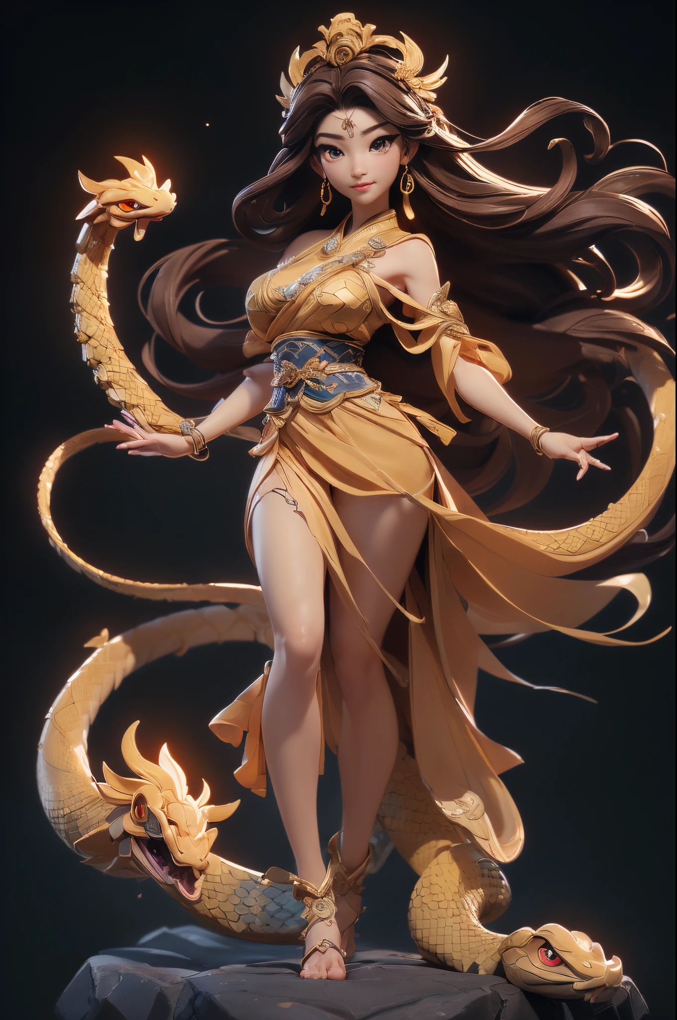 ((Sculpture design:1.6))，(full body portrait of person:1.6)，(entire body image:1.6)，(Full body photo:1.6)，(From the feet to the top of the head:1.6)，【Create a logo based on：1female，Nu wa(Creation goddess in Chinese mythology，goddess with human body and snake tail:1.6)，(Replace legs with snake tails:1.6)，(Chinese mythology)，(45 yers old，A MILF，熟妇，mature，gentleness，wisdom，Goddess wind)，(Long brown hair:1.4)，big earrings，(dressed in a：long  skirt(Dunhuang skirt)，Hanfu，Gauze skirt，)，((Fluttering skirt))，((intricate headpiece))，((symbol of god))，】，((dynamicposes))，(Computer graphic arts:1.4)， (s fractal art: 1.3)，((tmasterpiece))，(( Best quality at best，32K，Highest high resolution，hyper HD，))， (( Professional Quality，Perfect photography， ray traycing， perfect volumetric lighting， hight quality octane render， High quality vectors))， ((Complicated details，hyper-detailing:1.2，Intricate details:1.2))， ((Ultra photo realsisim，photorealestic，3Drenderingof))，(Epic work:1.4，ultra-realistic realism:1.6)，(Blind box toy style：1.6)，((simple backgound，deep dark background:1.2，with black background))，详细的脸, 詳細な目，Clean skin，（correct hand：1.6），（Complete and beautiful five fingers：1.6），（Anatomically correct head-to-body proportions:1.5），(Anatomically correct perspective and occlusion：1.5)，（Correct ???????：1.5），(Add a base:1.6)，(Complex thick base:1.6)，(2-layer base:1.6)，((Rock base:1.4))，(The character is centered:1.4)，((in the middle of the frame))， ((Standing picture))，
