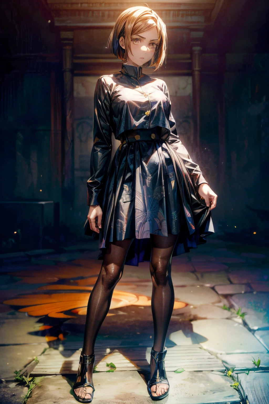 Obra maestra, 4k, Extremadamente detallado y complejo, Trazado de rayos, Perfect lighting, Sombras perfectas, 1girl, (Kugisaki Nobara:1.4), cuerpo completo, clear expression, confident expression, (Cara detallada:1), cursed energy, prdeundidad_de_Campo,Proporciones corporales perfectas, (uniforme de hechicero jujutsu), Sucio,Nobara Kugisaki,NobaraJK, sexy:2.0, vestido:1.5, noche:1.1, Ropa rasgada:2.0, hemorragia:2.0, ,Estilo modelshoot,(La mejor calidad), Zapatos de vestir:2.0, cabello naranja:2.0