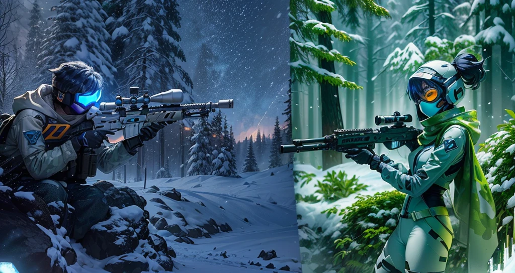 (pixar-style: 1.5),(fully body photo),cyber punk personage,middle,(Two futuristic sci-fi male and female soldiers wearing white camouflage uniforms lying on their sides in the snow,Holding a high-tech sniper rifle to aim at the target,Sniper rifle made of vibranium,Luxurious texture,blanketed in a mantle of snow,White hood,masks,White camouflage uniform,Blue glowing goggles,masks),Oyuki,at a forest,Ski slopes,(globalillumination、ray traycing、HighDynamicRange、Unrealistic rendering、Rational design、tmasterpiece、Best quality、hyper HD、电影灯光)