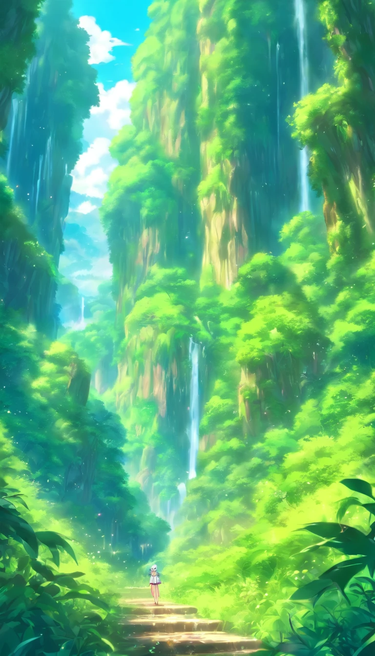 (masterpiece, best quality), gaia, mother earth, roaming the magical rainforest, lush vegetations, mountain range, natural lighting