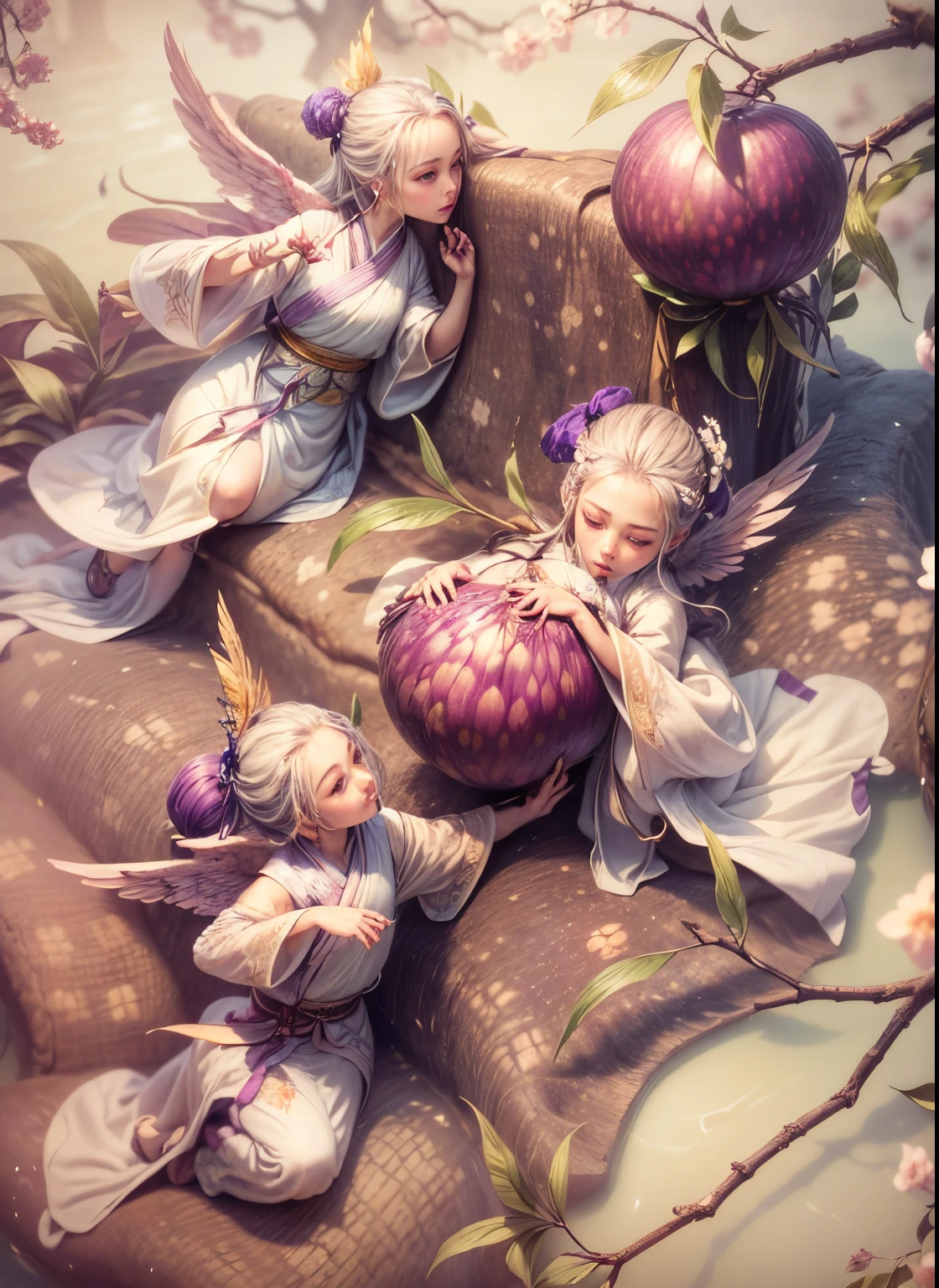 detailed face, detailed skin, detailed environment, intricate details, photorealistic, realistic, UHD, 8K, 3angels, feather_wings, 2plums, branches, garden, hanfu, oriental_outfit,