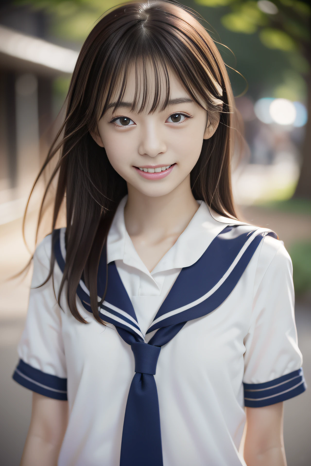 hight resolution, Photorealsitic, Extremely delicate and beautiful, Best Quality, A photo of a cute Japanese high school girl wearing a sailor suit, Walking through the school corridors, pale skin, beautiful and detailed face, Beautiful and clear eyes, Delicate figure, (long straight black hair. Bangs,, Okappa) Slender body, happy smile showing teeth, Face Close-up