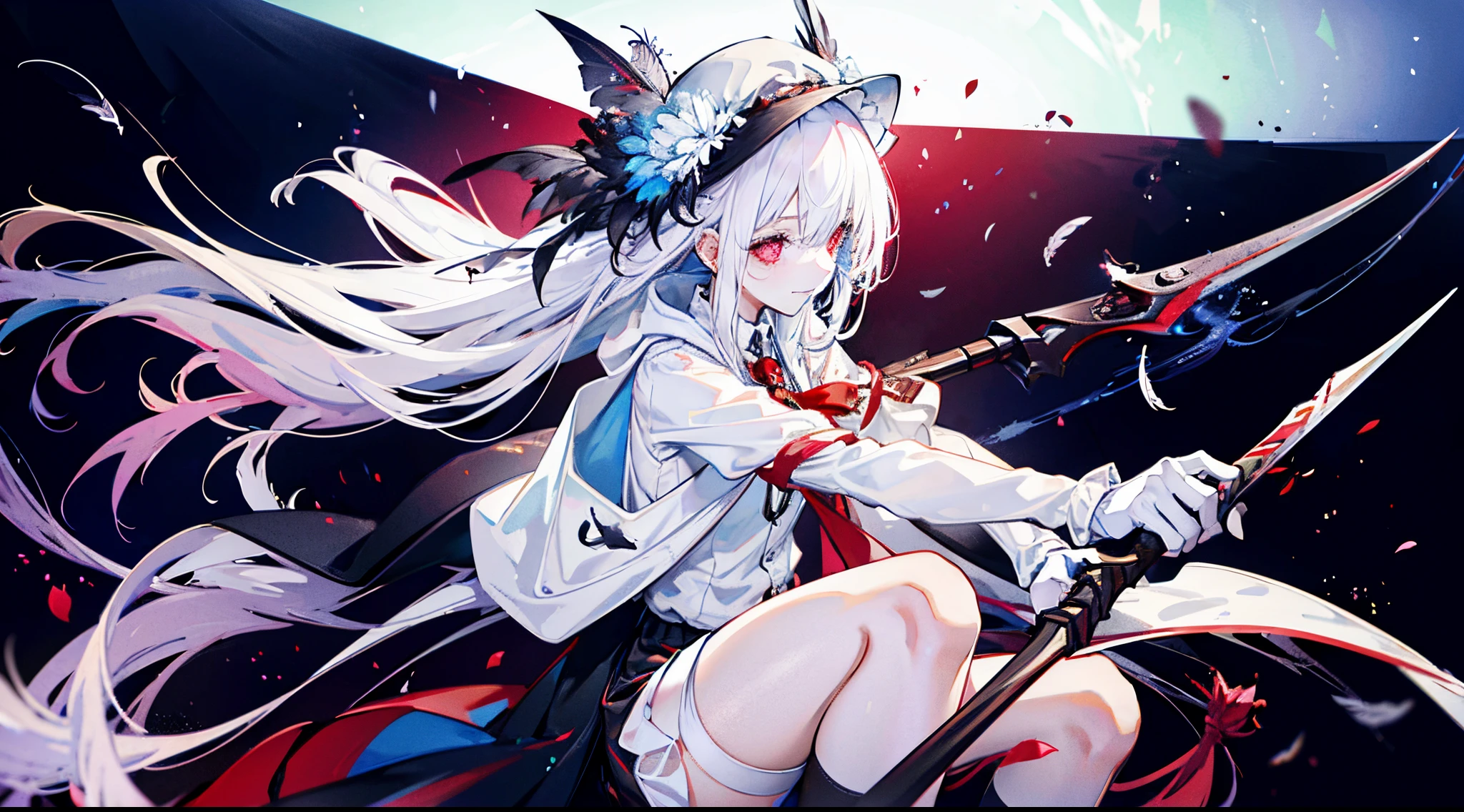 1 girl，Blood red eyes，White blouse，Long white hair，Looking at the audience，Particles of light，Smile with closed mouth，Stars，Beach hat，Sleeveless，Bare shoulders，With bangs，From the side，(She wears a black hooded trench coat，There are fine feathers on it)，Tilted head，Tight socks, nipple tassels, flower knots, gloves, beautiful detailed eyes, detailed background, black long socks, rural home background, carrying a vampire scythe sword, fingers wearing gloves. Bakground