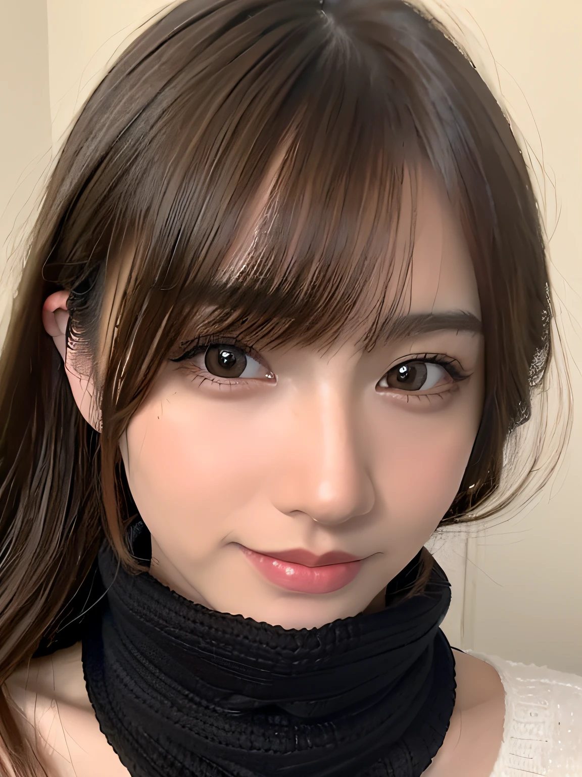 1 japanese girl,(Black sweater:1.4),(She wears a knitted snood around her neck to hide her chin.......:1.5), (Raw photo, Best Quality), (Realistic, Photorealsitic:1.4), masutepiece, extremely delicate and beautiful, Extremely detailed, 8k wallpaper, amazing, finely detail, extremely detailed CG Unity, hight resolution, Soft light, Beautiful detailed 19 year old, extremely detailed eye and face, beautiful detailed nose, Beautiful detailed eyes,Cinematic lighting,city light at night,Perfect Anatomy,Slender body,Smiling  (hair messy, asymmetrical bangs, light brown hair,)