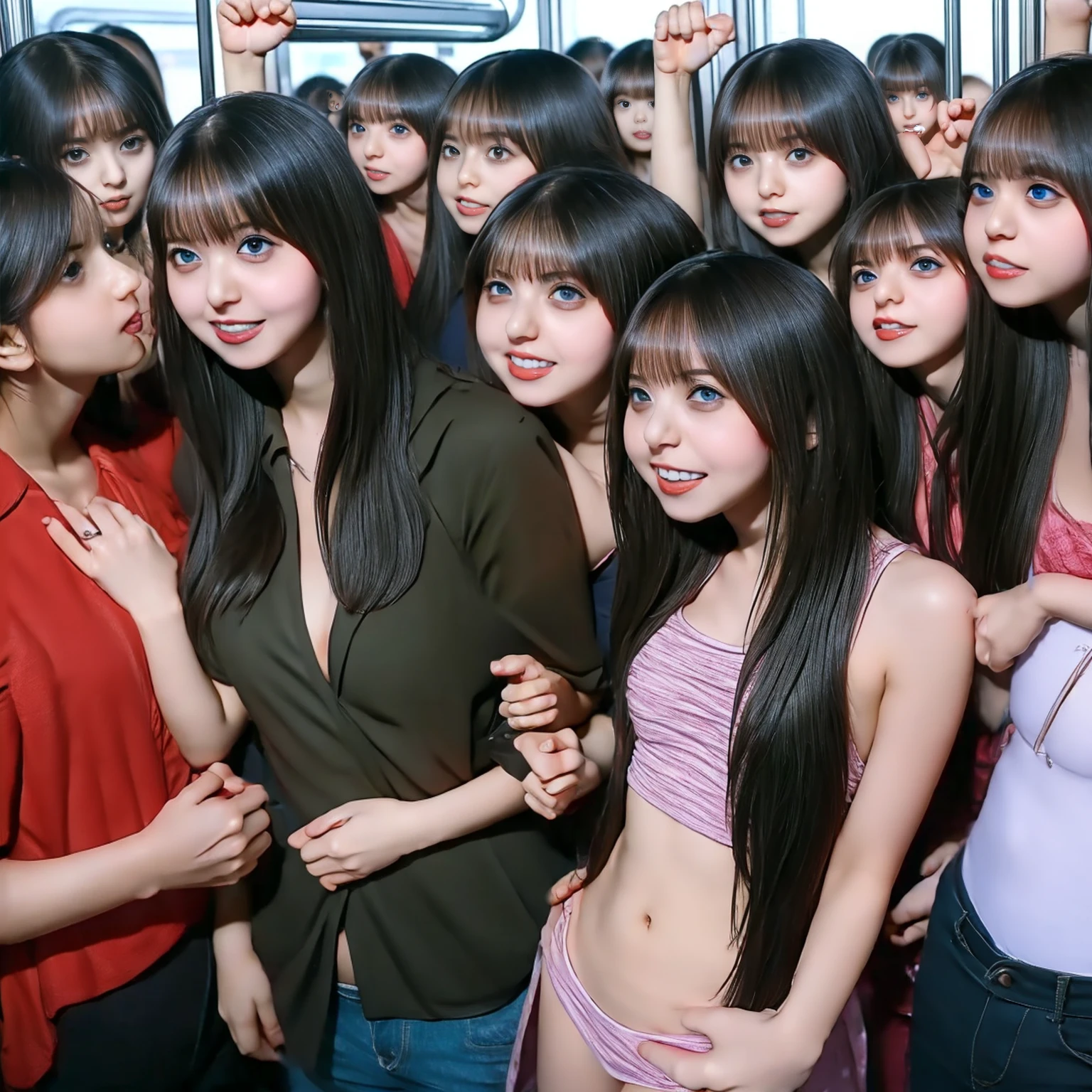 Raw photo、(((multiple girls))),((((6+girls)))),((((1000girls)))),(((10000girls)))、(((crowd shot))),((((In body type))))、((((a baby,(((Adhesion)))、((Crammed))、((Packed))、(Inside the crowded train)、(((6 years old)))、ly)、japanes、((Same height))、The same face、((A dark-haired)),Longhaire、1000 cute women massaging each other&#39;s breasts and crotches、(((Large group)))、((chiquita))、joyous expression、A crowded train full of little girls、groping,golester