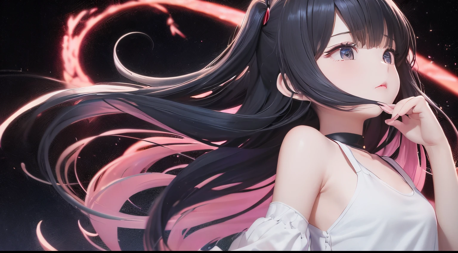 (a very delicate and beautiful）、Bloods、monotone、girl with、（Maniacal）、The human、warn、Camisole、canny、terrifying、独奏、（silhuette）、（、dark backgrounds、Black figure、（silhuette）、skinny  body、The long-haired、pierce 、Swirl background、crawl and kick、look up sky、Rear view、
