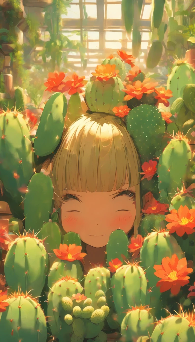 (masterpiece, best quality), anthropomorphic cactus girl, beautiful, resting on a flower pot, greenhouse, lush vegetations, natural lighting