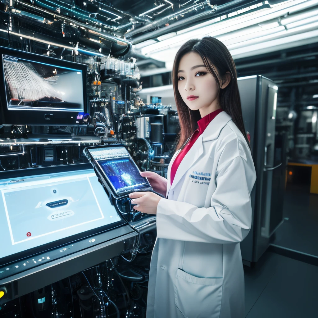 ((top-quality、masutepiece、8K、Top image quality、Highly complex and detailed depictions))、((1人の女性、wearing lab coat、A woman creating a precision cyborg、Female upper body photo))、(atmosphere of the near future:1.3)、(A hideout packed with the latest technology:1.5)、(Futuristic metallic research facility:1.3)、Photo from the waist of a woman、View me、perfect anatomia、A slight smil、(Cyber Sense:1.5)、(precision machinery:1.1)、Minimalist