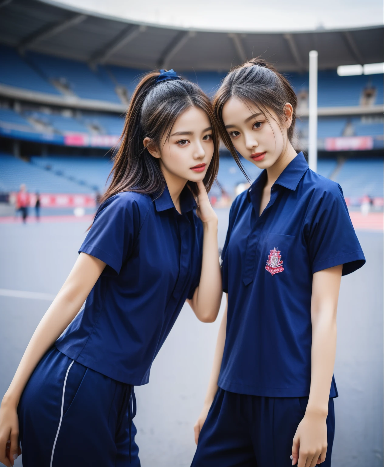 (bestquality,10,10,highres,masterpiece:1.2),ultra-detail,(Realistic,photorealistic portrait,photo-realistic:1.37),1 Cute girl in the football field,oily shiny skin,bara,light smile,BDclothes,((blue shirt:1.3)),short sleeves,shirt, trousers.,(navy_long_Pants Track:1.1), ((Stadium Background:1.3)),dynamic angle,excited,face focus,Dynamic Poses,from behide,Ass Focus,masterpiece, bestquality, ultra realistic, hyper-detail, 8k resolution, RAW photo, crisp focus, ((Navy blue shirt:1.1)), short sleeves, Long Path, Perfect body, 2 mature women, 18yo, cinematic light,Blue sweatpants,Gymware,Correct anatomy,Complete body, Correct body, sharp face, Anatomically correct body, full entire body, Realistic gestures, long-haired, Realistic poses,Wear long shorts..........................,Long leg span,Shapely,Sculpting Girl, Slender Figure, mannequin mannequins, Shapely, Beautiful body,Blue sweatpants, Two girls kissing