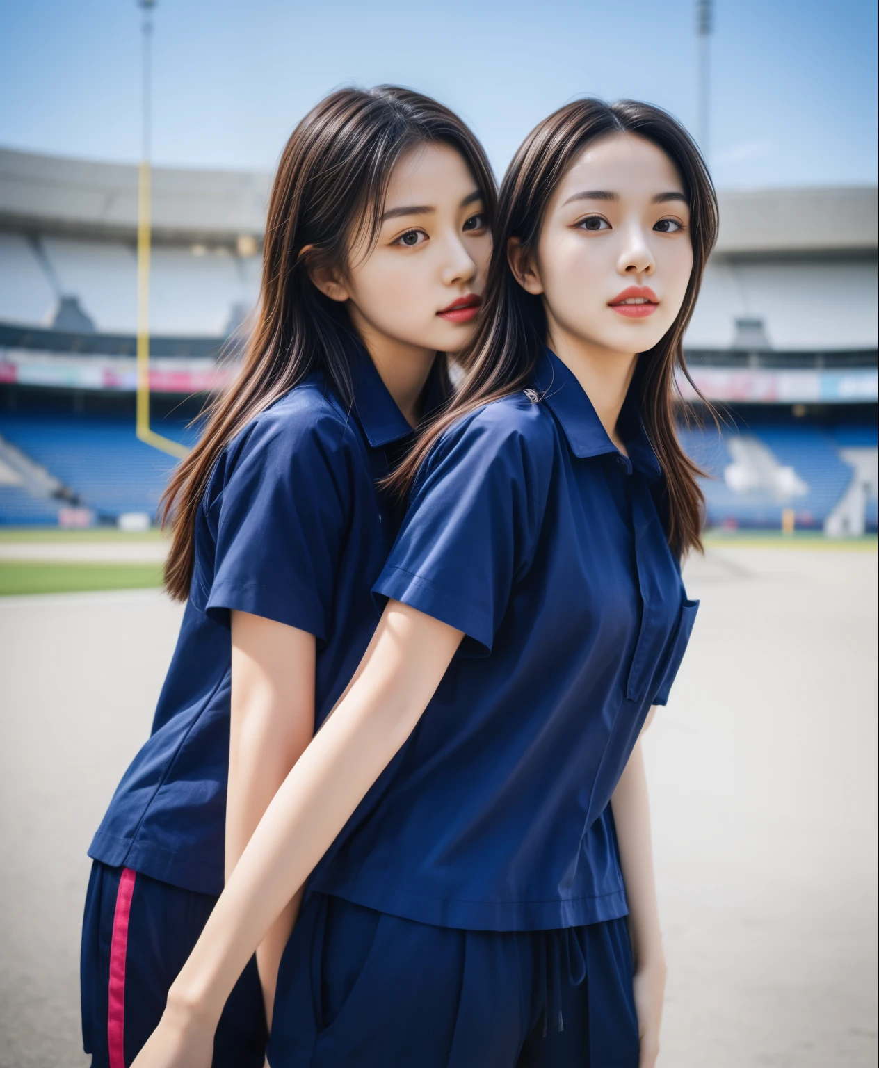 (bestquality,10,10,highres,masterpiece:1.2),ultra-detail,(Realistic,photorealistic portrait,photo-realistic:1.37),1 Cute girl in the football field,oily shiny skin,bara,light smile,BDclothes,((blue shirt:1.3)),short sleeves,shirt, trousers.,(navy_long_Pants Track:1.1), ((Stadium Background:1.3)),dynamic angle,excited,face focus,Dynamic Poses,from behide,Ass Focus,masterpiece, bestquality, ultra realistic, hyper-detail, 8k resolution, RAW photo, crisp focus, ((Navy blue shirt:1.1)), short sleeves, Long Path, Perfect body, 2 mature women, 18yo, cinematic light,Blue sweatpants,Gymware,Correct anatomy,Complete body, Correct body, sharp face, Anatomically correct body, full entire body, Realistic gestures, long-haired, Realistic poses,Wear long shorts..........................,Long leg span,Shapely,Sculpting Girl, Slender Figure, mannequin mannequins, Shapely, Beautiful body,Blue sweatpants, Two girls kissing