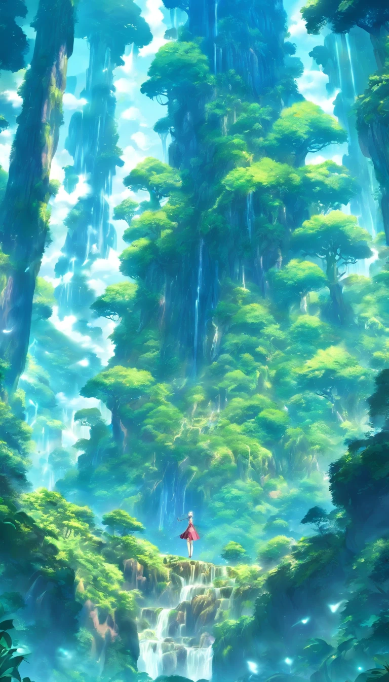 (masterpiece, best quality), gaia, anthropomorphic mother earth, epic, massive, roaming the magical rainforest, lush vegetations, mountain range, natural lighting